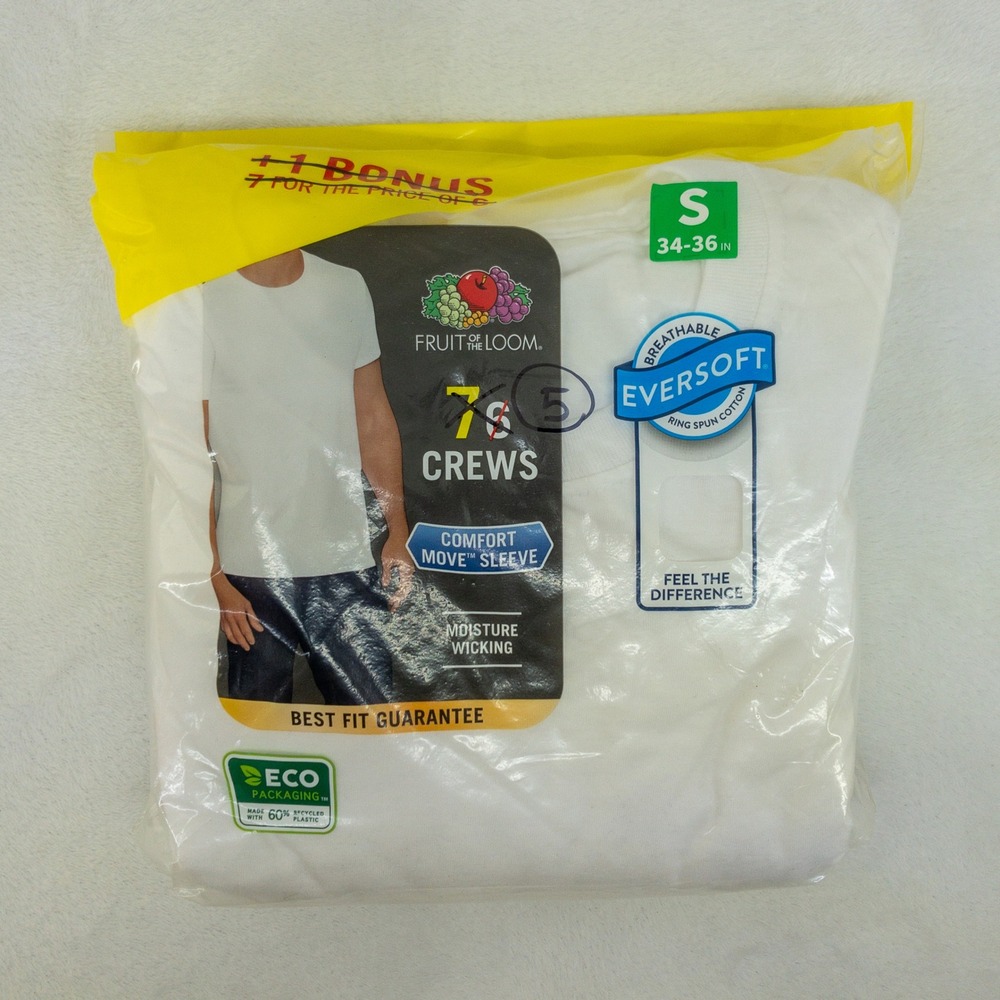 Fruit of the Loom Crew Neck T Shirts Mens Small White 5 Value Pack Cotton